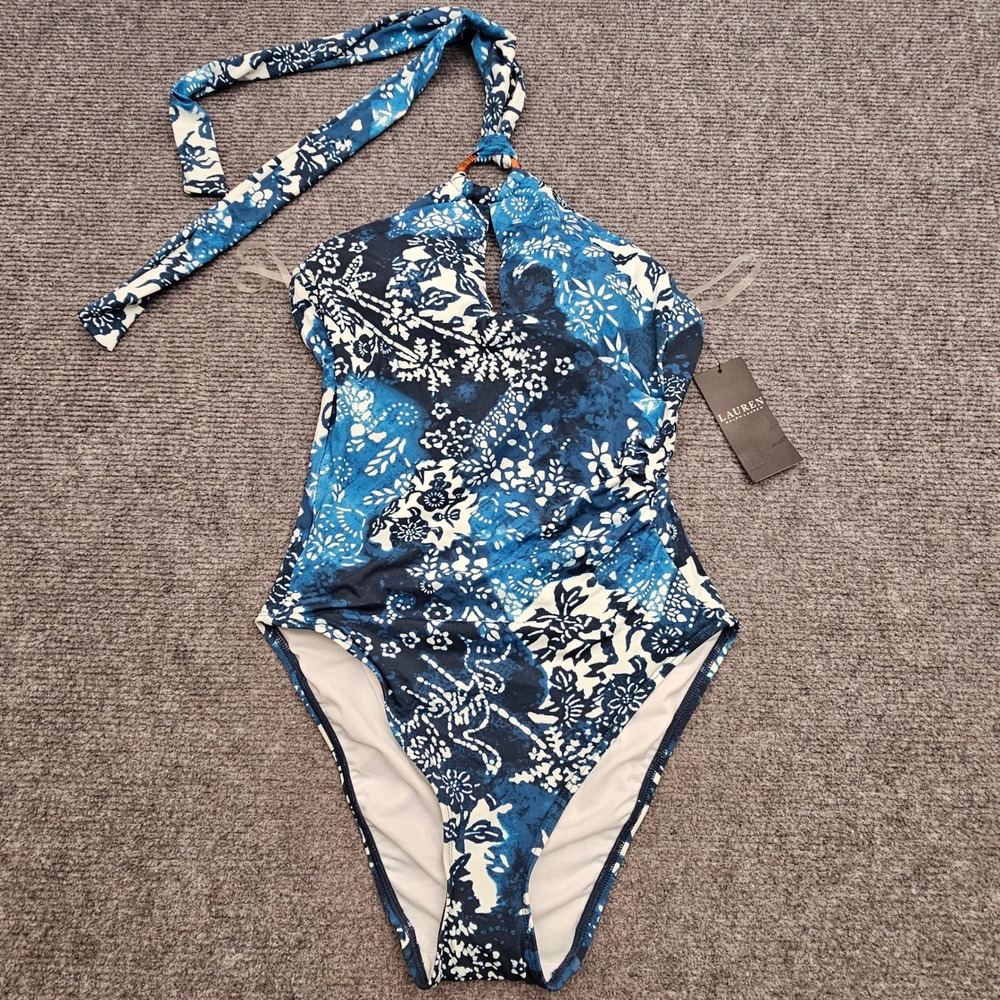 Lauren Ralph Lauren Swimsuit Womens 4 Blue Floral Halter One Piece Batik Ring
